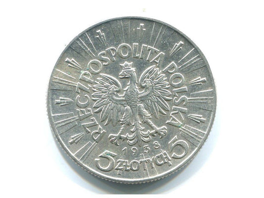 POLSKA. 5 złotych 1938. Piłsudski. Ag.