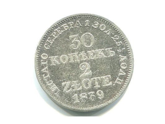 POLSKA. 2 złote / 30 kopiejek 1839/MW. Ag.