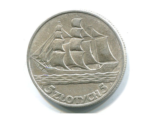 POLSKA. 5 złotych 1936. Żaglówka. Ag.
